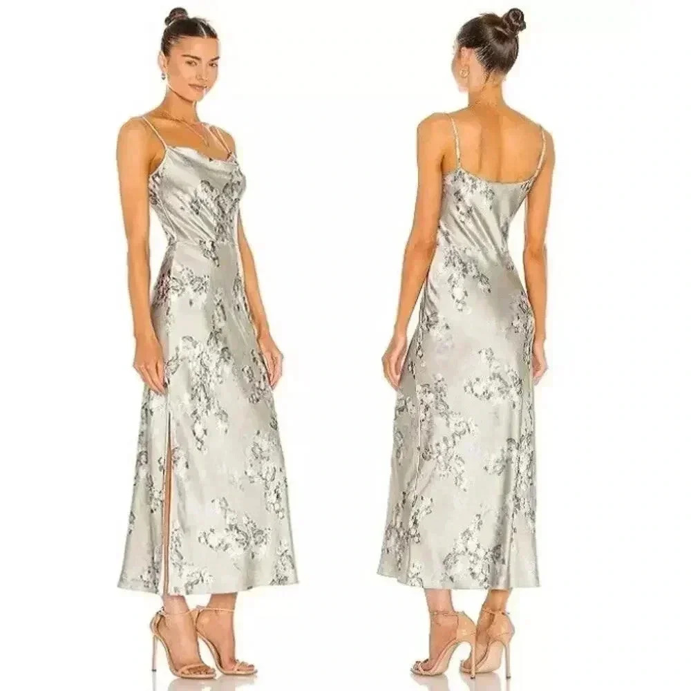 Vince Satin Hazy Blossom Cowl Neck Long Midi Slip Dress in Celery Floral Size 12